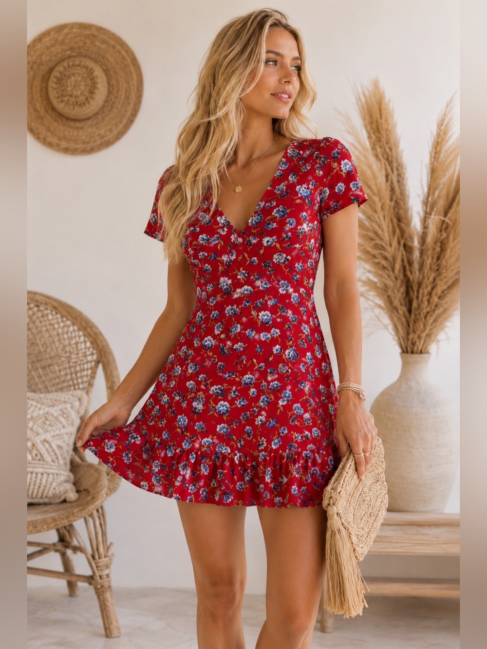 Women’secret Coquette Floral V-Neck Mini Dress Ruffle Hem | Size 8 | Cottagecore